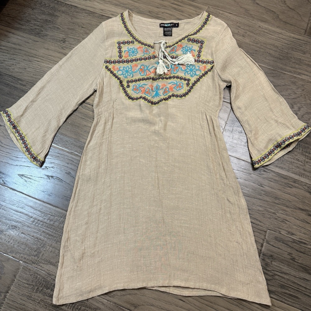 Urban Mango Women's Brown Embroidered Tunic Dress Bell Sleeves‎ Boho Hippie SZ L